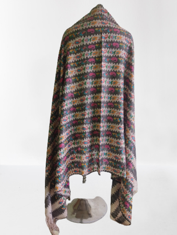 Cream Based Stripes Multicolour Floral Design Kani Shawl