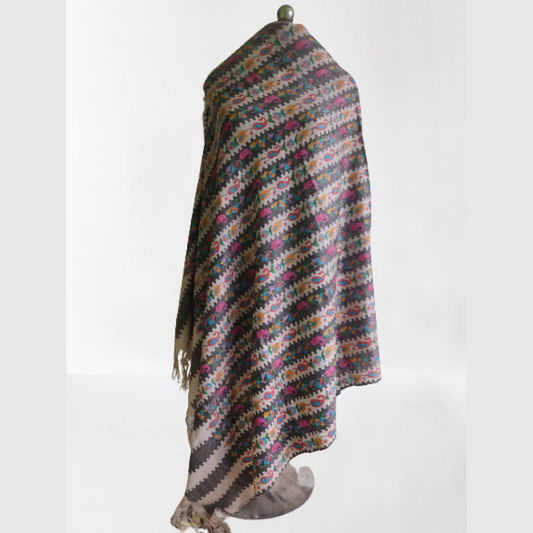 Cream Based Stripes Multicolour Floral Design Kani Shawl