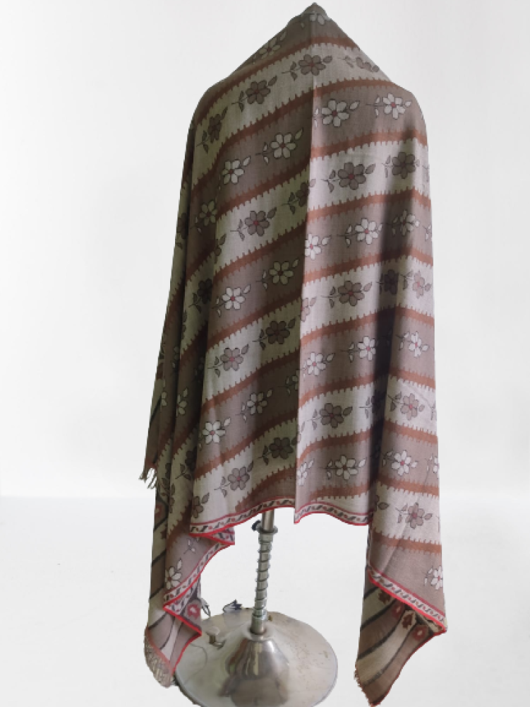Cream & Brown Stripes Floral Design Kani Shawl