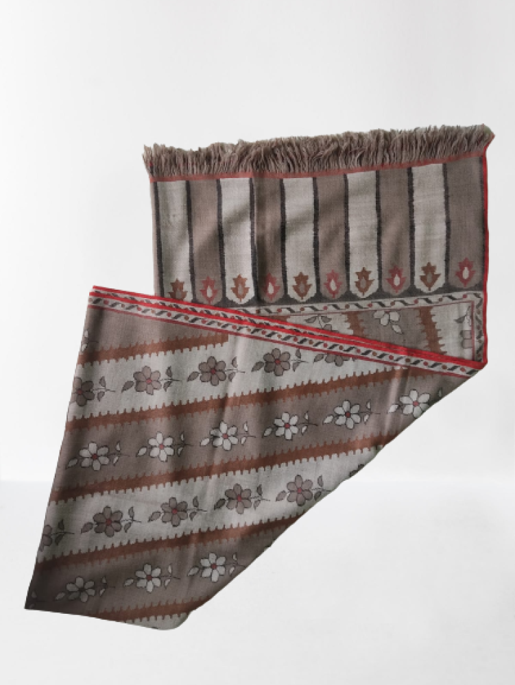 Cream & Brown Stripes Floral Design Kani Shawl