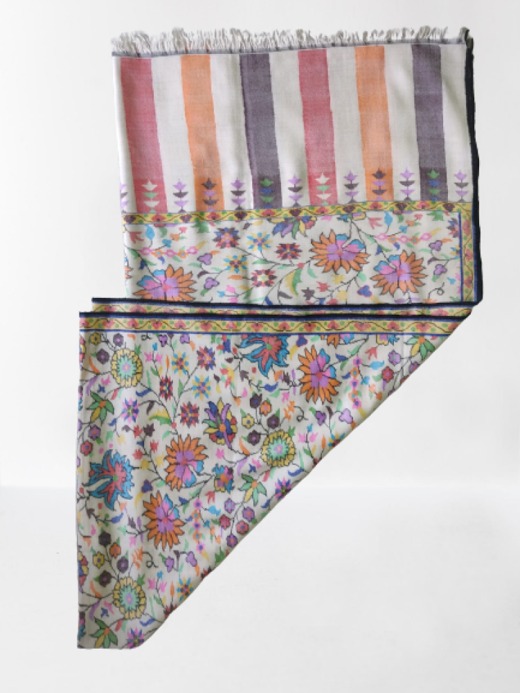 Cream ,Pink & Orange Floral Design Kani Shawl