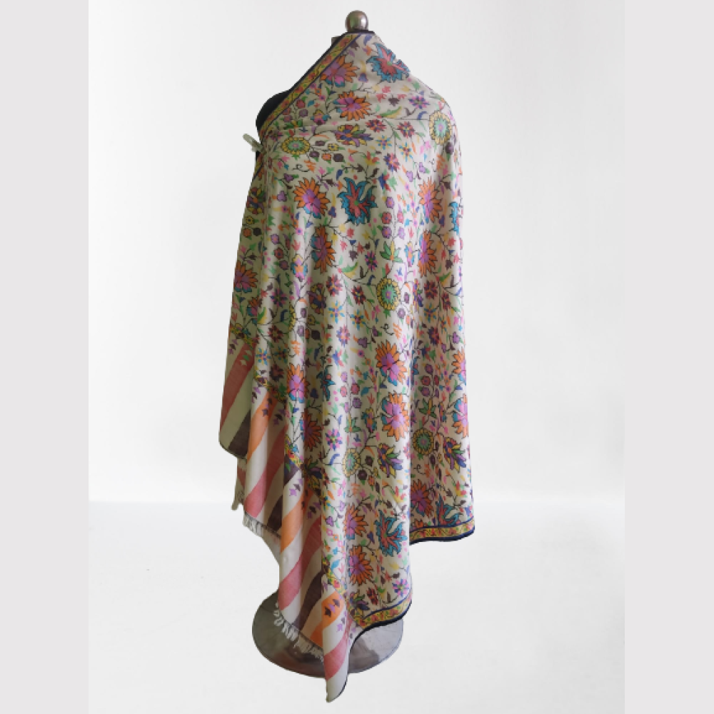 Cream ,Pink & Orange Floral Design Kani Shawl