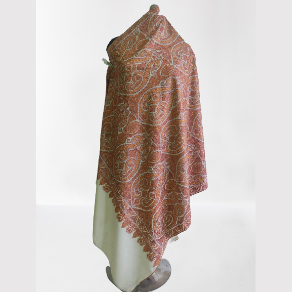 Cream With Orange Deisgner Kani Shawl