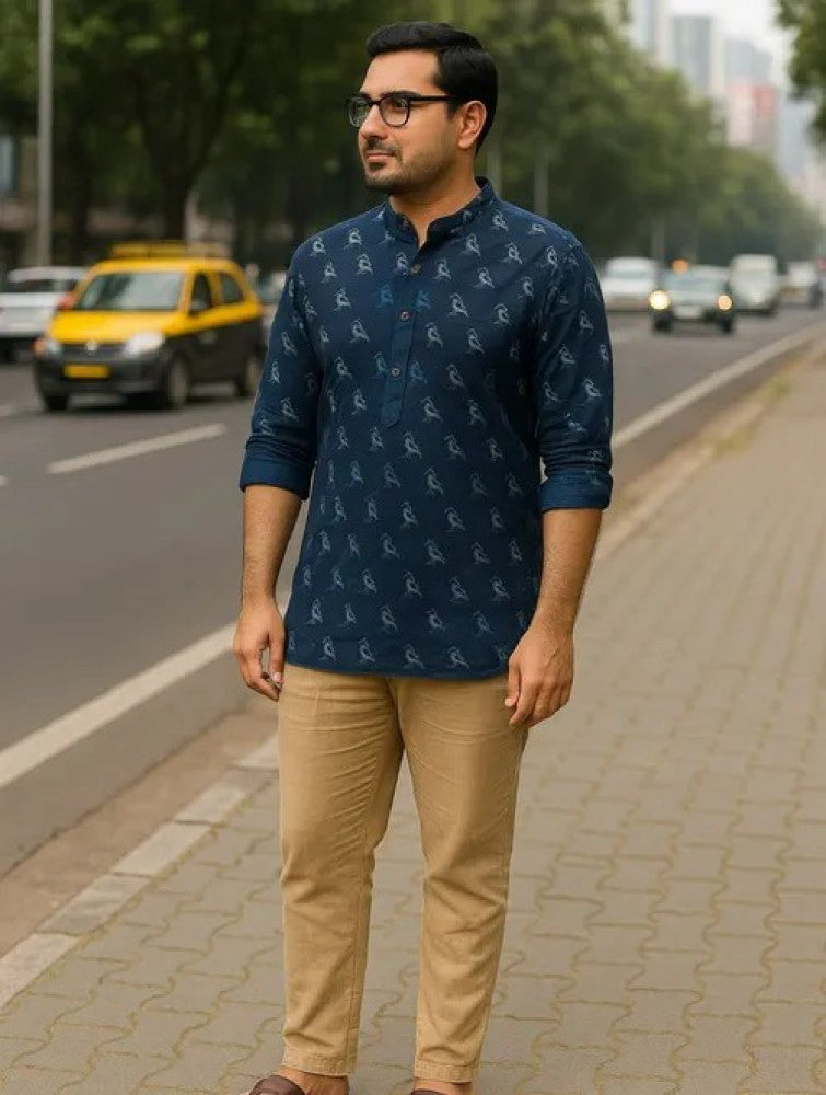 Dabu Block Printed Cotton Men's Short Kurta - Indigo Blue