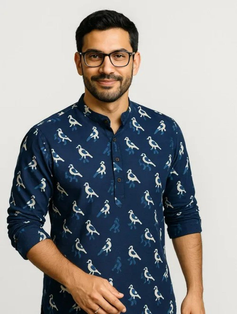Dabu Block Printed Cotton Men's Short Kurta - Indigo Blue