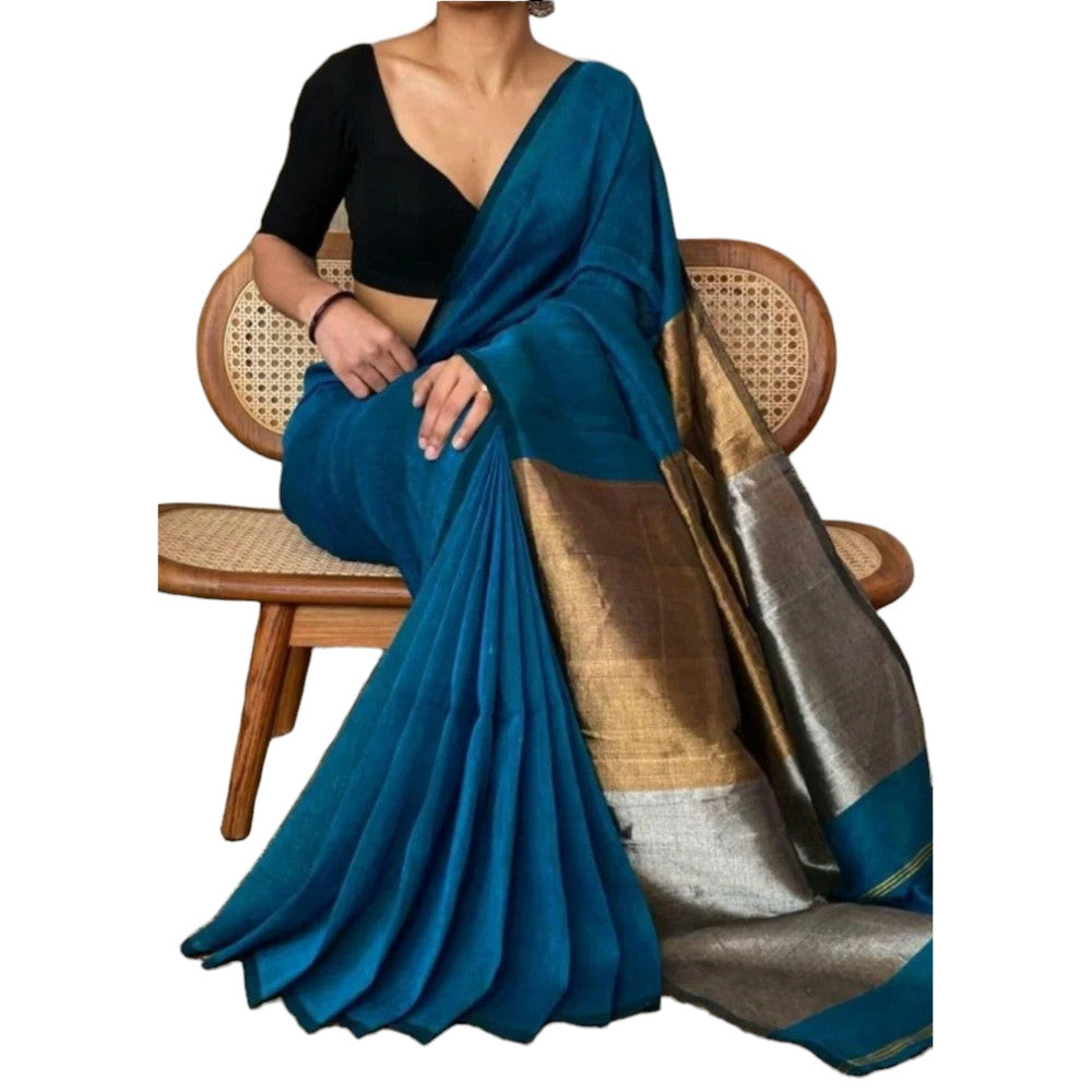 Dark Blue Golden & Silver Nawada Linen Saree