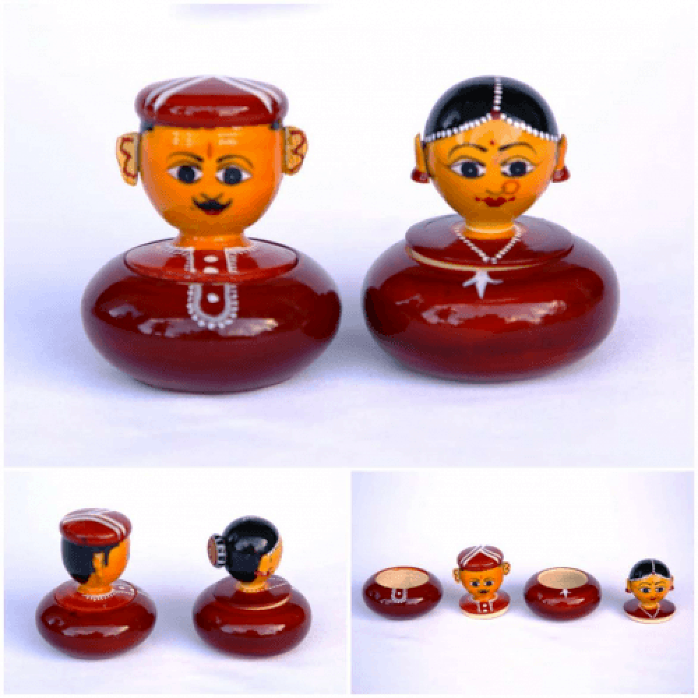 Elegant Handmade Etikoppaka Wooden Toy Of Male And Female Boxes Set