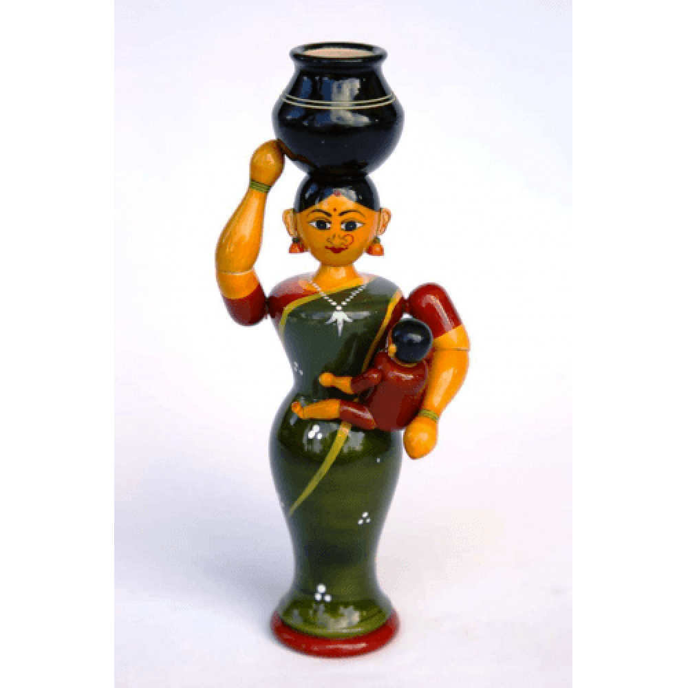 Handmade Etikoppaka Wooden Toy Of Mother And Cute Child