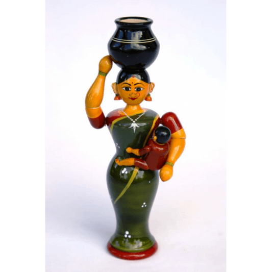 Handmade Etikoppaka Wooden Toy Of Mother And Cute Child