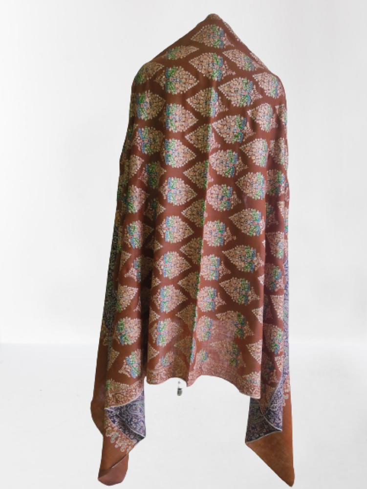 Exclusive Dark Brown Floral Design Kani Shawl