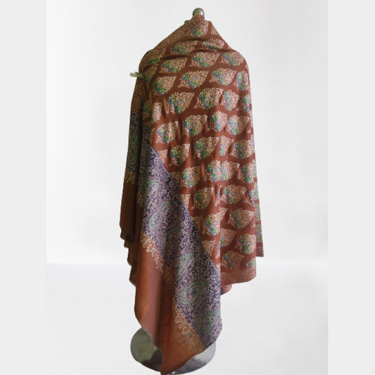 Exclusive Dark Brown Floral Design Kani Shawl