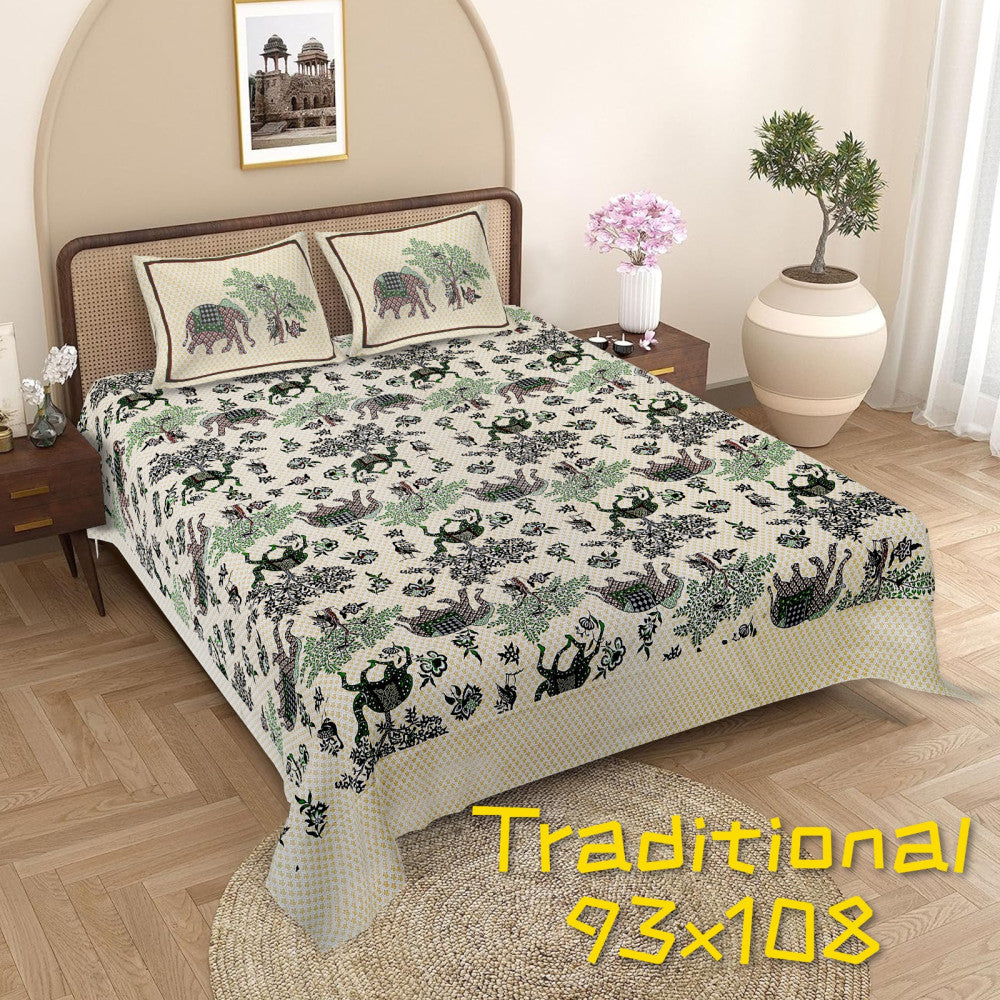 Exclusive Jaipuri Bagru Hand Block Printed Double Bedsheet With Zip Pillow Cover Style 9