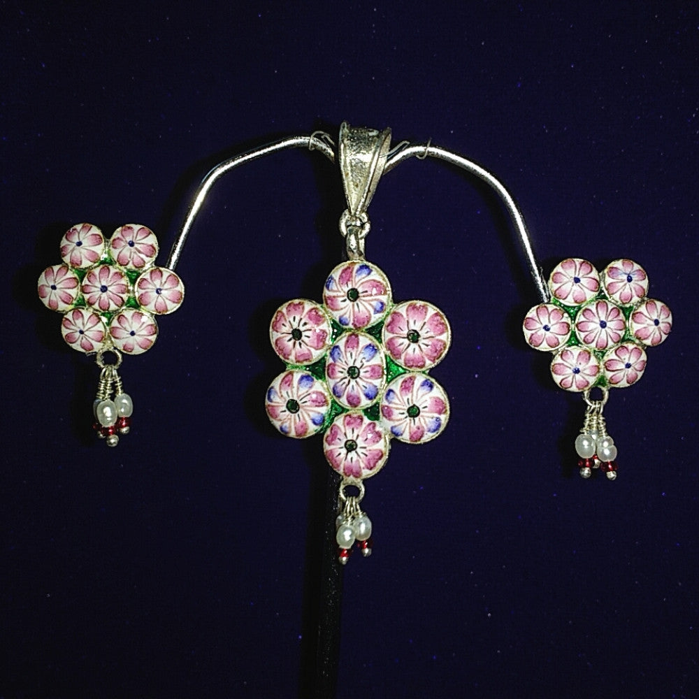 Flower Design Pendent & Earrings Set Meenakari Art