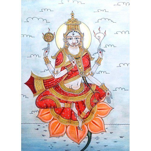 Beautiful Mysore Ganjifa Art of Four Armed Goddess Laxmi on a Lotus Miniature Painting