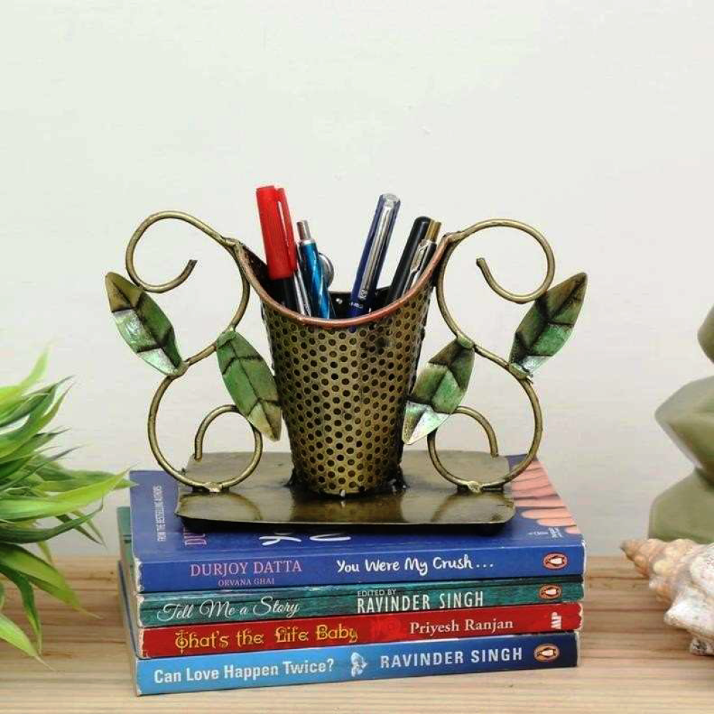 Gold Wrought Iron Vase With Pen Stand