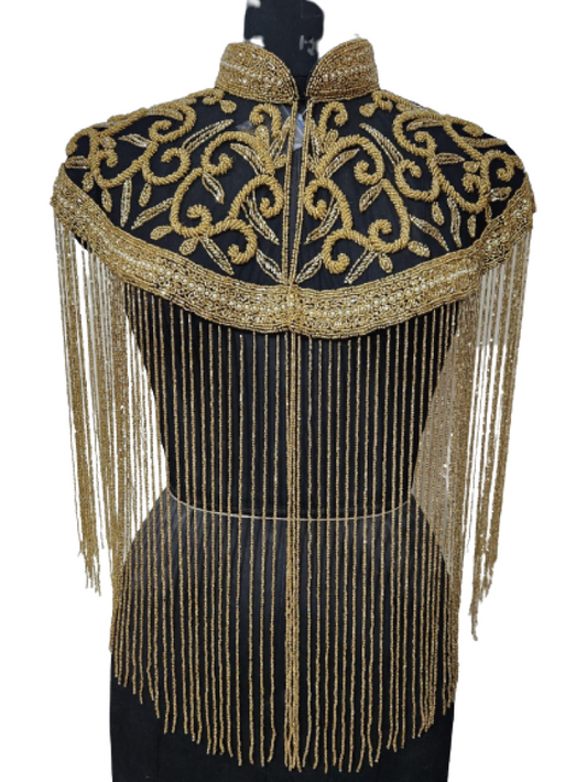 Golden Pattern Beaded Cape Fringe Shoulder Shrug Shawl Pashmina