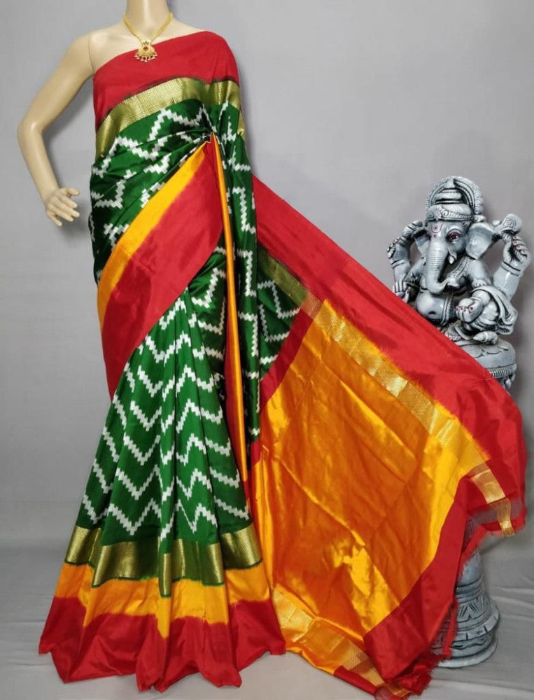 Green with Red Pochampally Saree