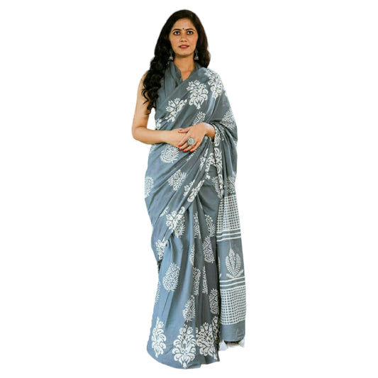 Grey & White Colour Bagru Print Saree