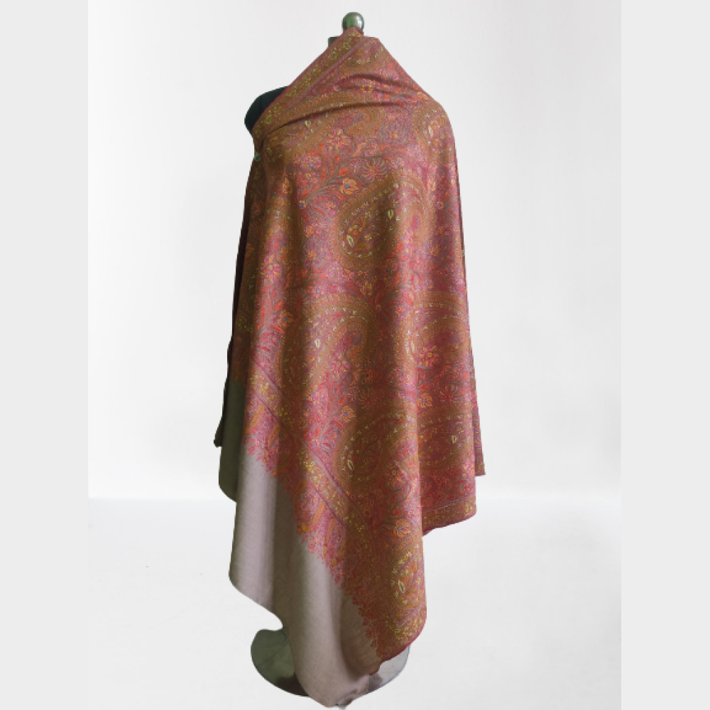 Grey With Pink Mango Designs Kani Shawl