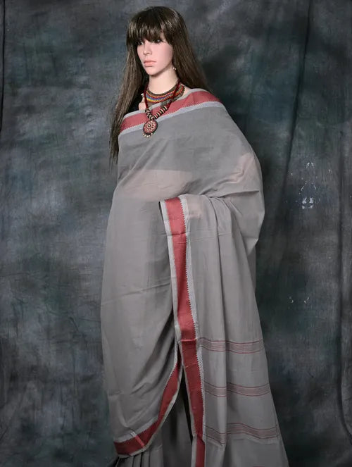 Grey With Red Border Shantipur Saree