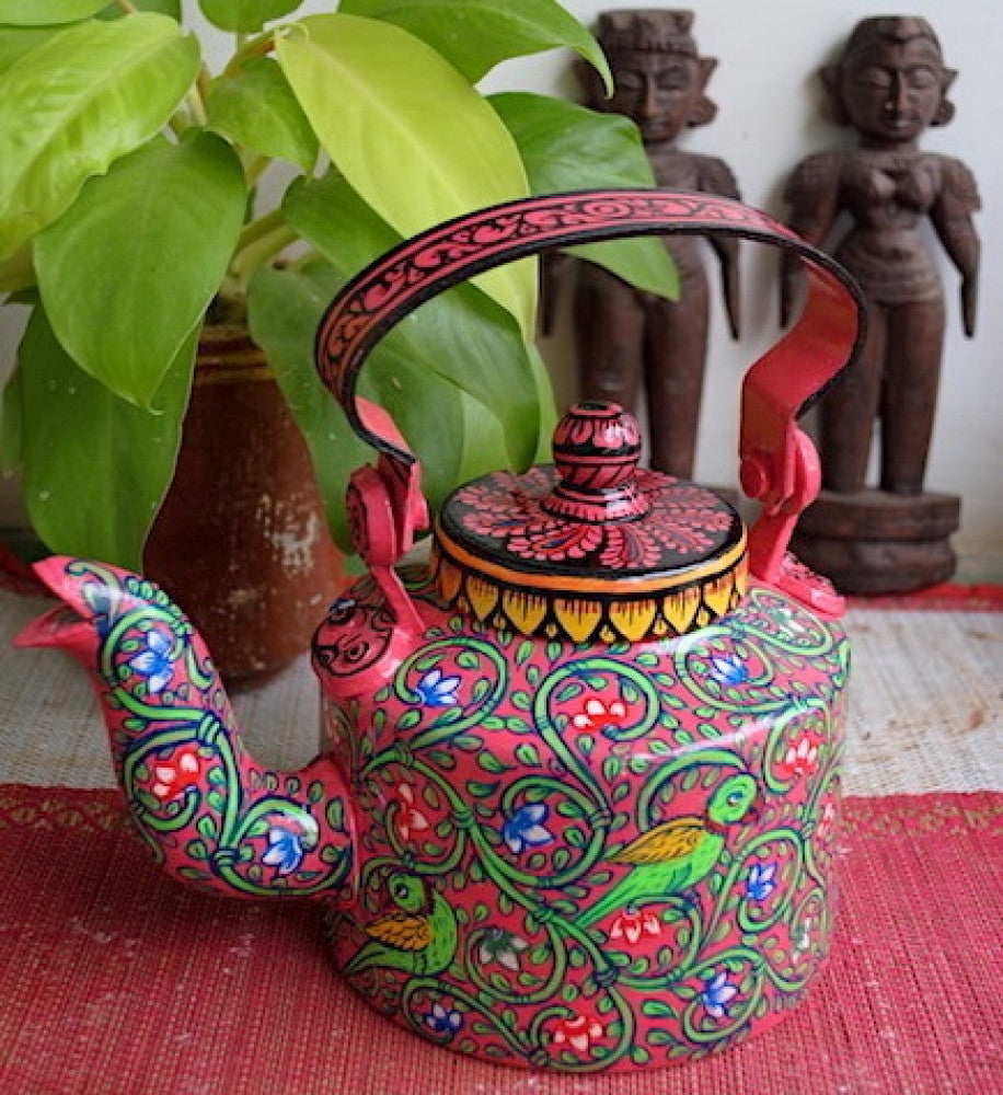 Hand-painted Pattachitra Green And Pink Kettle