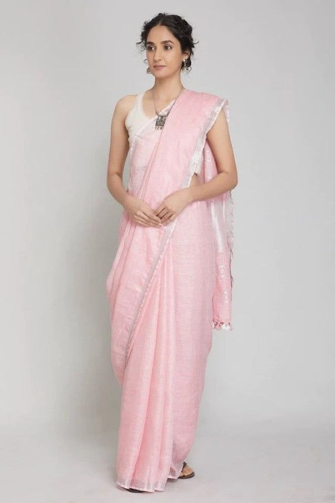 Handloom Linen Saree (Light Pink)