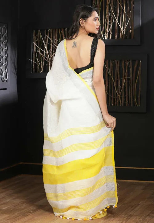 Handloom Linen Saree White With Yollow Border
