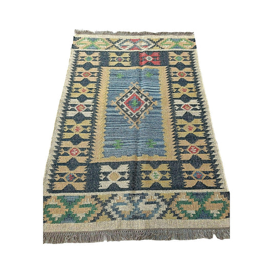 Handmade 4X6 Mirzapur Kilim Rugs Wool Jute Blue Cream