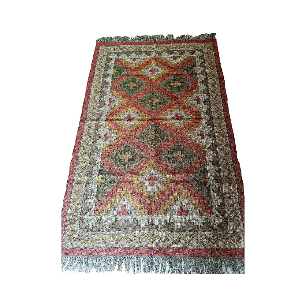 Handmade 4X6 Mirzapur Kilim Rugs Wool Jute Red Brown