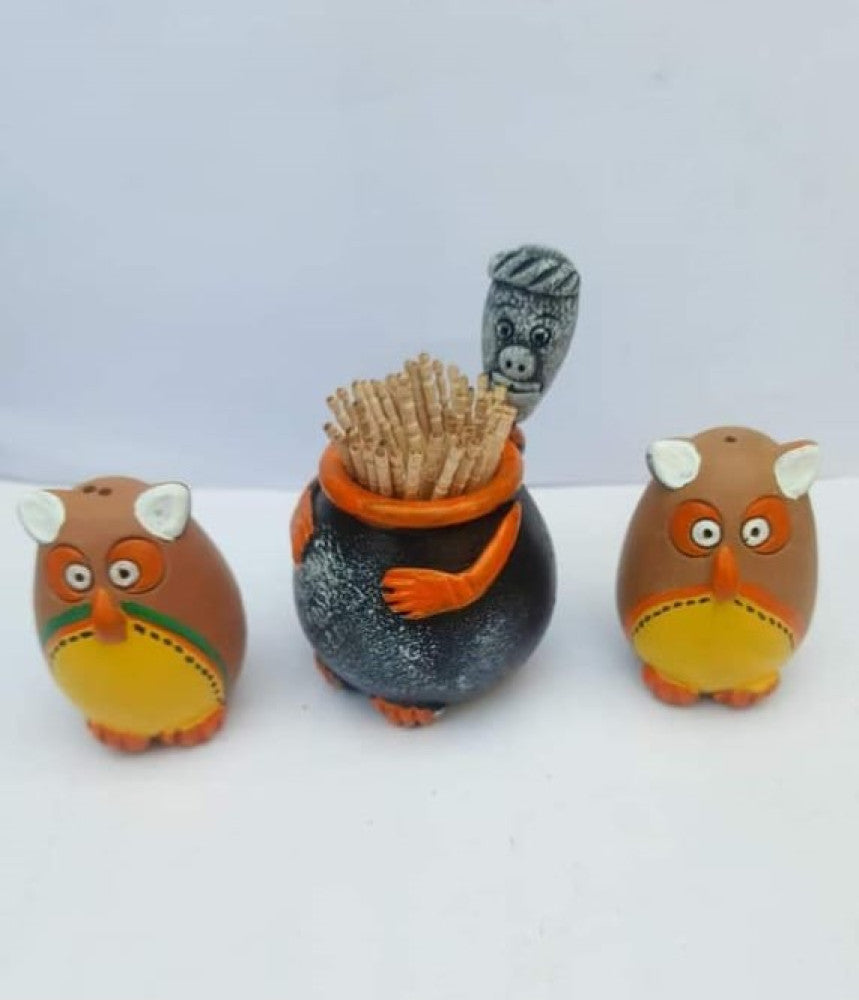 Handmade Eco-friendly Beautiful Black Pottery of Nizamabad Namakdani Set with Men face tooth pick holder