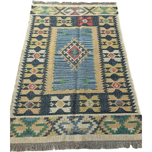 Handmade Mirzapur Kilim Rugs Wool Jute Blue Cream