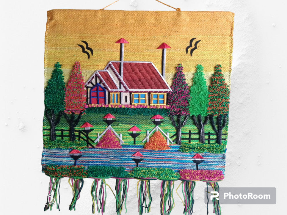 Jute Wall Hanging of Colourful House with Trees
