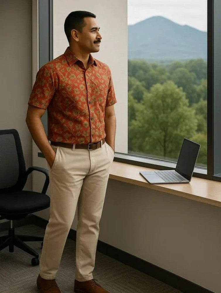 Kalamkari Block Printed Cotton Men's Half Sleeves Shirt - Red