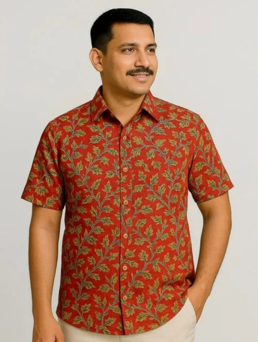Kalamkari Block Printed Cotton Men's Half Sleeves Shirt - Red