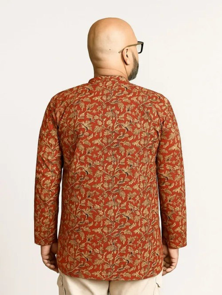 Kalamkari Block Printed Cotton Men's Short Kurta - Red