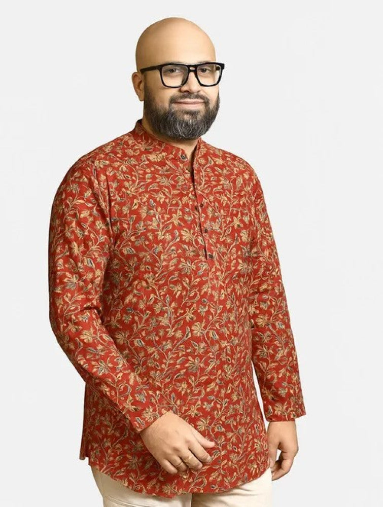 Kalamkari Block Printed Cotton Men's Short Kurta - Red