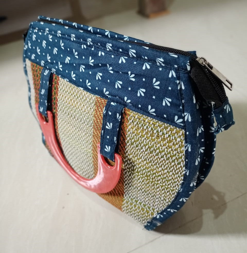 Ladies Hand Bag With Wooden Carrier - Blue