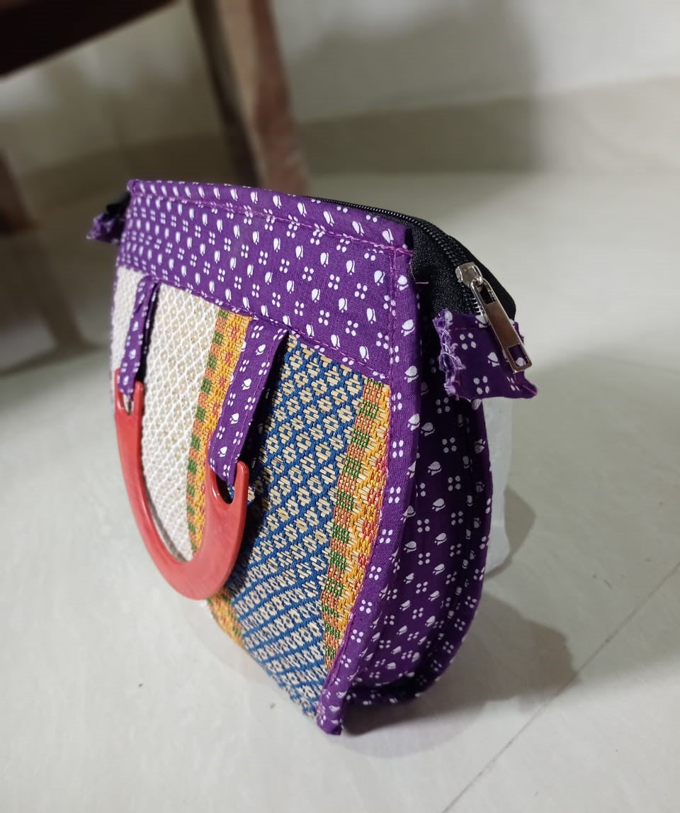 Ladies Hand Bag With Wooden Carrier - Purple