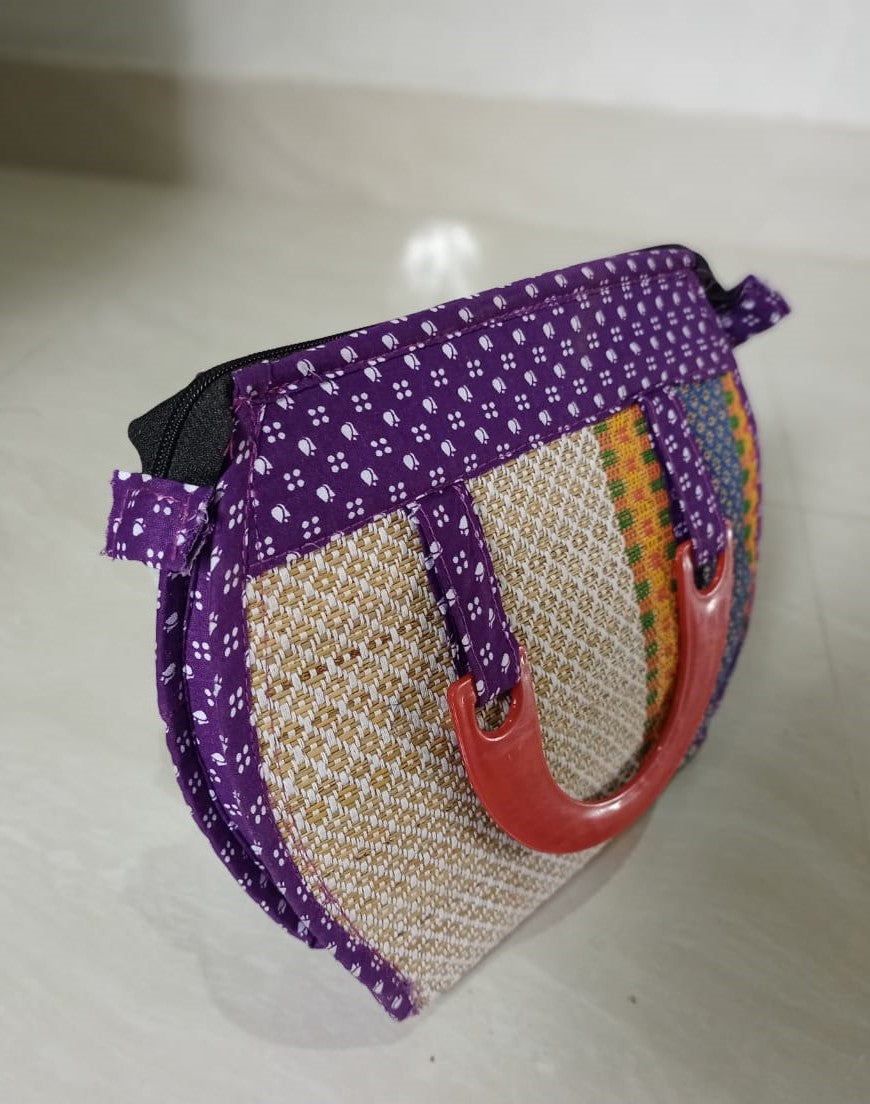 Ladies Hand Bag With Wooden Carrier - Purple