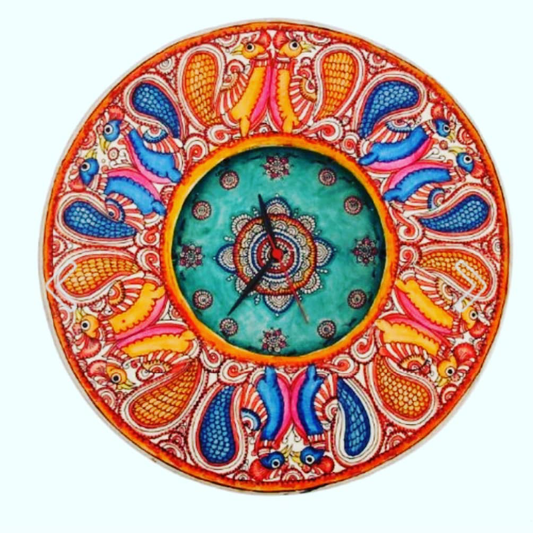 Leather Wall Clock With Colourful Hand Painted Peacock Design