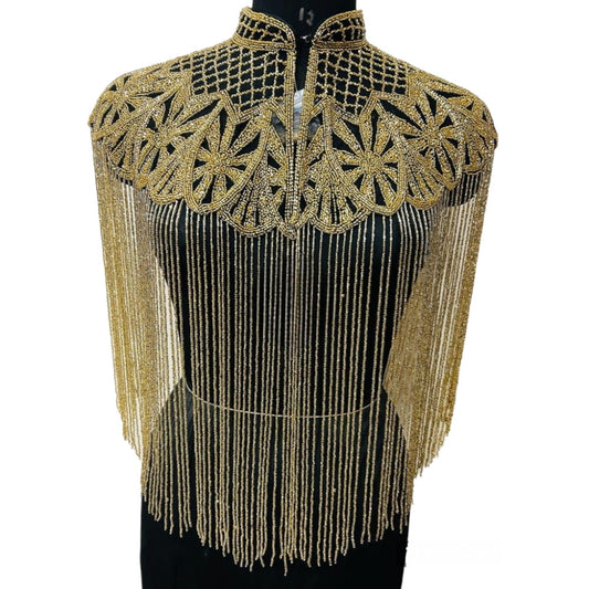Luxury Golden Beaded Cape Fringe Shoulder Shrug Shawl Pashmina