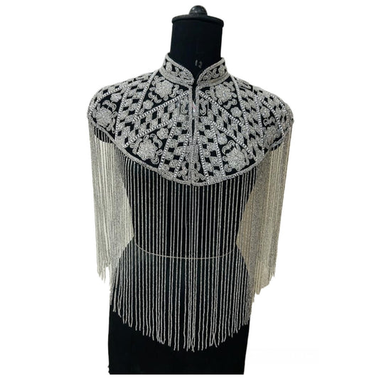 Luxury Silver Beaded Cape Fringe Shoulder Shrug Shawl Pashmina