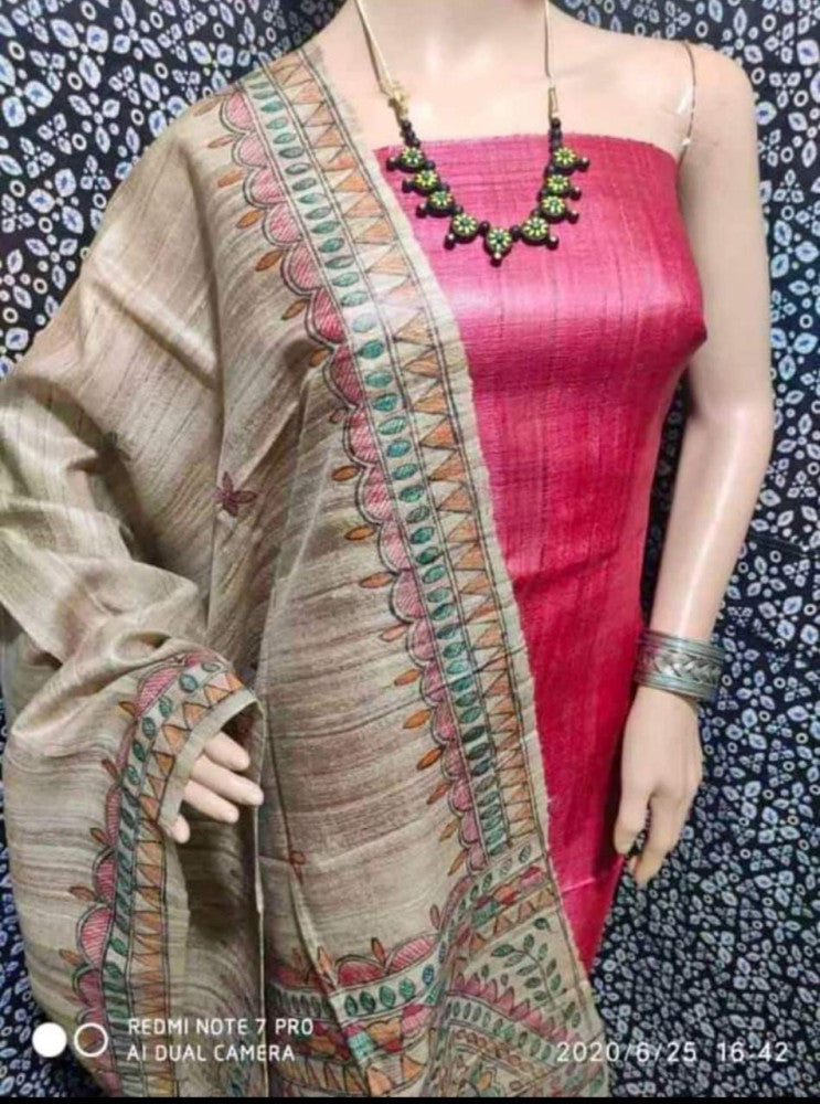 Madhubani Hand Block Printed Dupatta Tussar Ghicha Suit Material Style 1