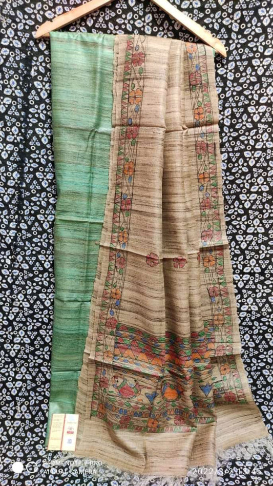 Madhubani Hand Block Printed Dupatta Tussar Ghicha Suit Material Style 10