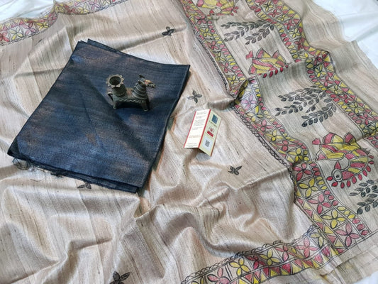 Madhubani Hand Block Printed Dupatta Tussar Ghicha Suit Material Style 13