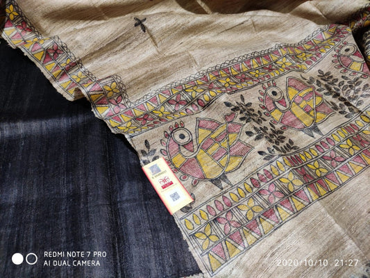 Madhubani Hand Block Printed Dupatta Tussar Ghicha Suit Material Style 14
