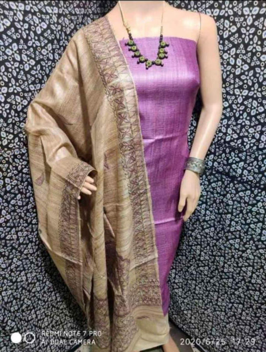 Madhubani Hand Block Printed Dupatta Tussar Ghicha Suit Material Style 3