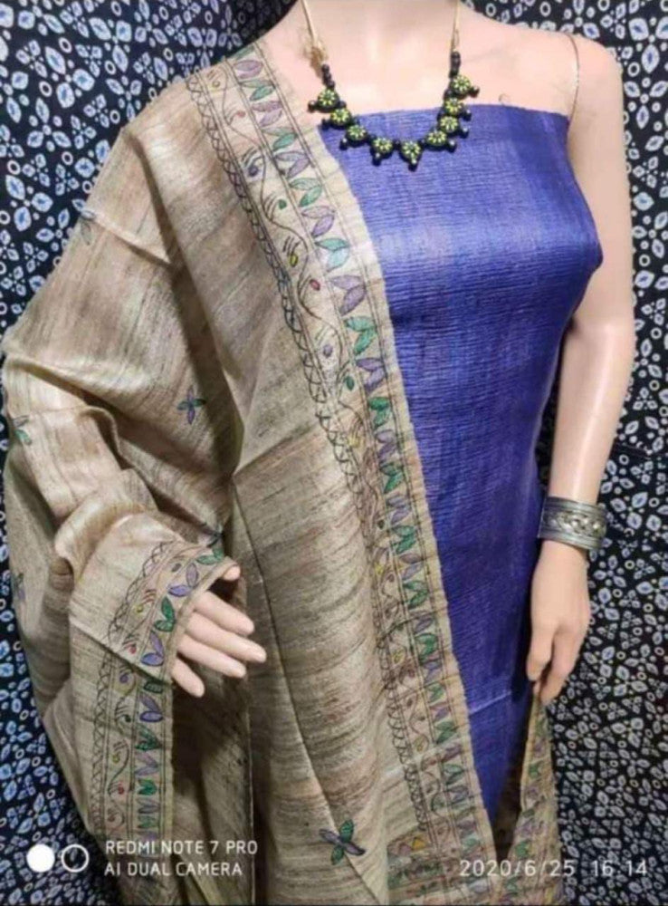 Madhubani Hand Block Printed Dupatta Tussar Ghicha Suit Material Style 5