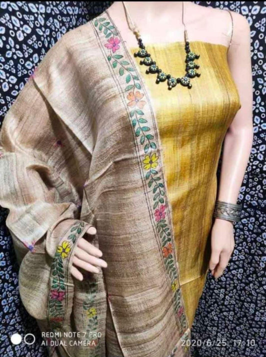 Madhubani Hand Block Printed Dupatta Tussar Ghicha Suit Material Style 6