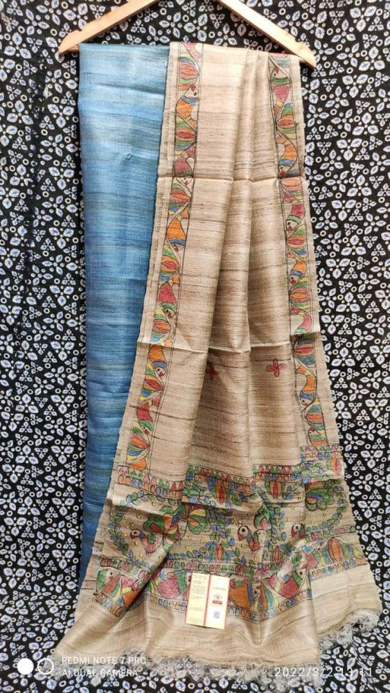 Madhubani Hand Block Printed Dupatta Tussar Ghicha Suit Material Style 7